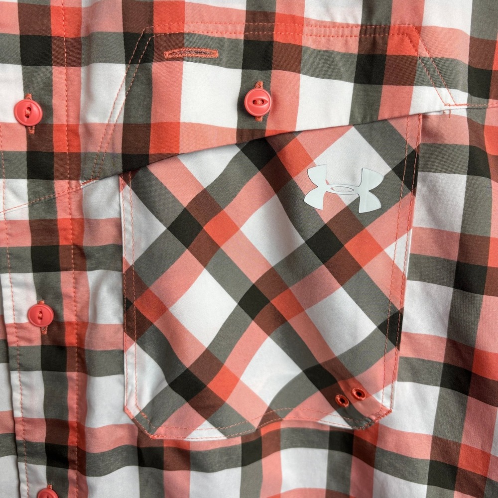 Under Armour Mens L Plaid Button Up Shirt Orange Gray HeatGear Vent Short Sleeve - Picture 4 of 13